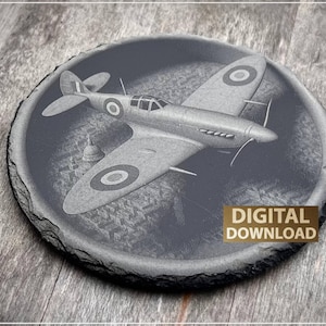 3D Supermarine Spitfire WW2 Laser Engraving PNG File: Slate Coaster Design (Digital Download)