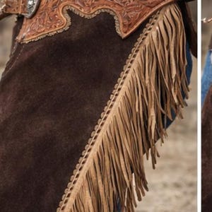 Donkerbruine suède cowboychaps: westernchaps met 6 inch franje afbeelding 3