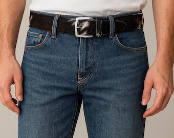 Cowhide Leather Belt - Genuine Hair-On Hide - Western Cowboy Belts with Classic Silver Buckle