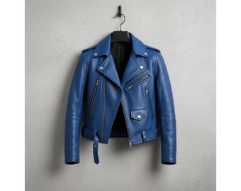 Chaqueta de cuero azul hecha a mano para motociclista, auténtica chaqueta de motociclista, chaquetas de cuero para hombre