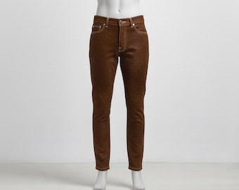 Pantalones de cuero marrón para hombre, corte recto ajustado, estilo vaquero/vaquera.