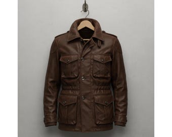 Giacca da safari in pelle marrone fatta a mano, cappotto da campo vintage, giacche in pelle da uomo