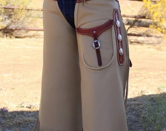 Beige Leather Western Chaps: Cowboy Horse Riding Chinks with 6 Inch Fringe