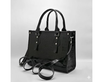 Handcrafted Black Crocodile Patent Leather Tote Bag - Crocodile Embossed Handbag