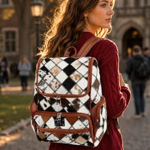 Handmade Patchwork Cowhide Leather Backpack | Hair-On Hide Travel Rucksack Halloween Gift