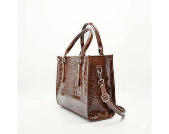 Luxury Brown Crocodile Leather Tote Bag For Women, Office Purse Work Bag