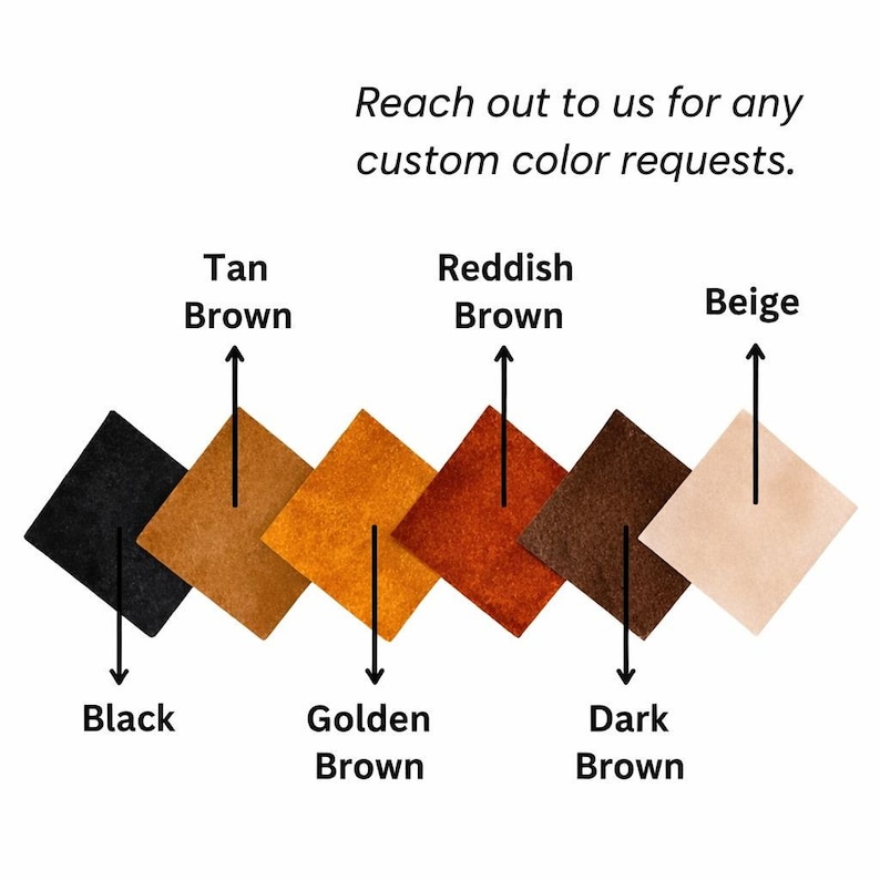 Op de afbeelding: Zes vierkante stalen gerangschikt in een rij, gelabeld met de tekst: Black, Tan Brown, Golden Brown, Reddish Brown, Dark Brown en Beige. De tekst "Reach out to us for any custom color requests" staat boven de stalen.