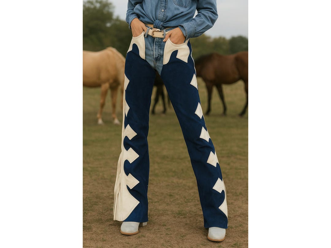 Blue White Cowhide Cowgirl Chaps: Western Riding Chaps With Fringe - Etsy