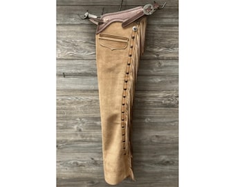 Tan Brown Suede Leather Cowboy Chaps: Western Horse Riding Chaps with Fringe