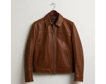 Handmade Brown Genuine Leather Blouson Jacket, Men's Classic Outerwear Leather Jackets