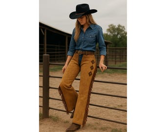 Cowgirlchaps i mocka och läder: Westernridningschaps med fransar för kvinnor