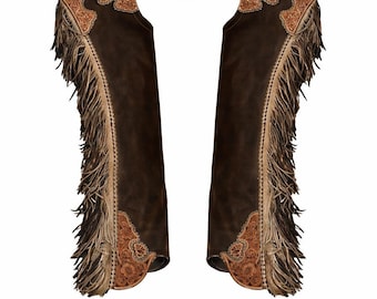 Donkerbruine suède cowboychaps: westernchaps met 6 inch franje