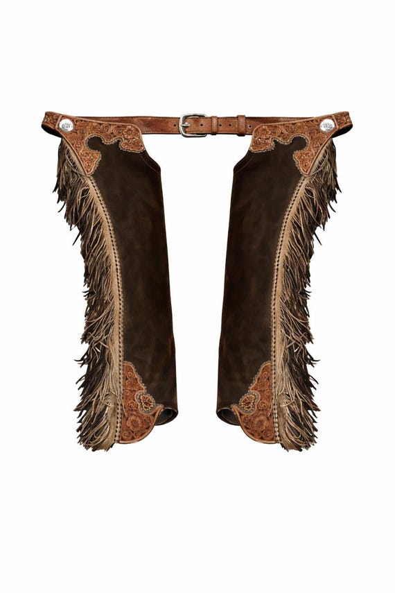 Dark Brown Suede Leather Cowboy Chaps: Western Horse Riding Chaps with 6 Inch Fringe