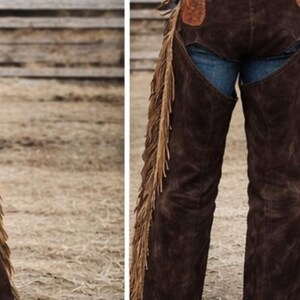 Donkerbruine suède cowboychaps: westernchaps met 6 inch franje afbeelding 5