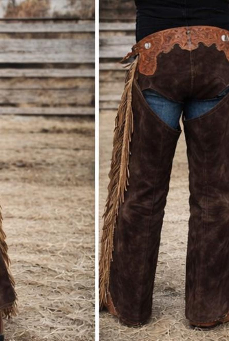 Donkerbruine suède cowboychaps: westernchaps met 6 inch franje afbeelding 5