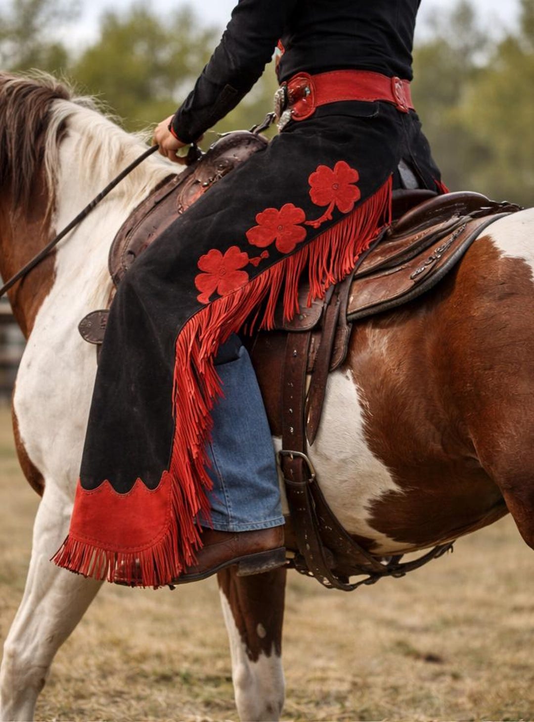 Red Chaps Black Suede Leather Cowboy Chaps With Red Fringe: Western Rodeo Horse ...