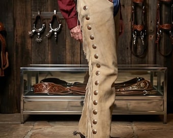 Handmade Suede Shotgun Chaps with 6-Inch Fringes, Custom Western Wear