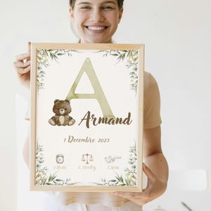 Póster de nacimiento personalizado imprimible digitalmente, regalo editable para recién nacido, inicial, fecha, peso, altura, acuarela pastel, decoración de habitación de bebé