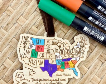 Color-In USA Travel Map Ornament | Personalized Laser Cut Wood