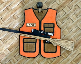 Personalized Hunter Vest Christmas Ornament | Laser Engraved Birch Wood