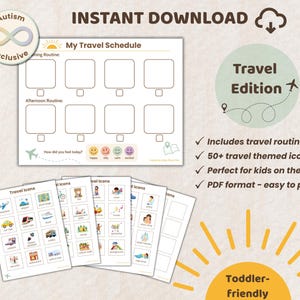 May include: A printable travel schedule for children, featuring a chart with boxes for morning and afternoon routines, travel-themed icons, and a section to indicate feelings. Includes the text "Autism Inclusive" and "Travel Edition".