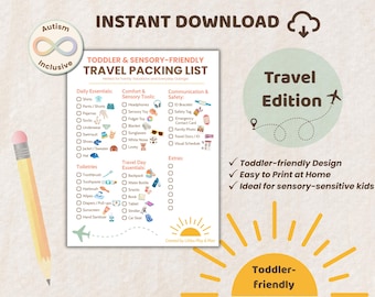 Toddler & Sensory Friendly Travel Packing List - Printable  Autism Travel Checklist - Family Vacation Planner