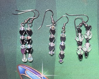 Hearts and crystals earrings. Hematite hearts with crystals in 3 designs