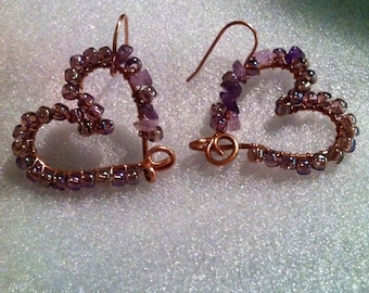 Heart Earrings, Wire sculpture Art Ooak jewelry, Amethyst Jewerly, Heart jewelry Love jewelry