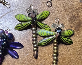 Green Peacock Winged Dragonfly Earrings