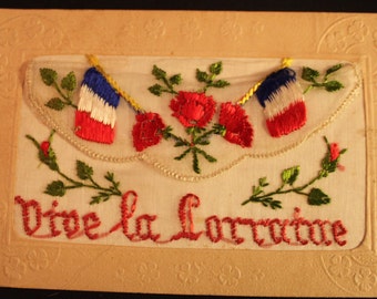 WWI Silk Postcard/ Silk Embroidery/Embroidery Postcard/Hand Embroidery/French Postcard/ Vive La Lorratae/Silk Postcard/Embroidery/Souvenirs
