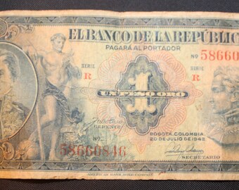 Vintage El Banco/De la Republica/Pagará al Portador Un/ Peso Oro/Waterlow & Sons/Foreign Currency/Bank Note/ Mexico/Simón Bolivar/Colombian