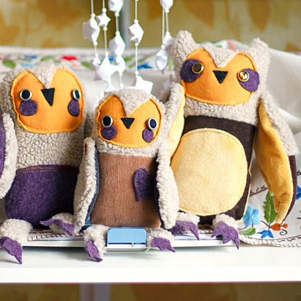 Owls family, set of 3 stuffed  toys, Art soft toys by Wassupbrothers.Free shipping