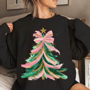Colorful Christmas Tree PNG Hand drawn doodle Png Brush strokes Coquette Pink Bow Faux glitter Gold Festive Ornament Art Holiday Projects