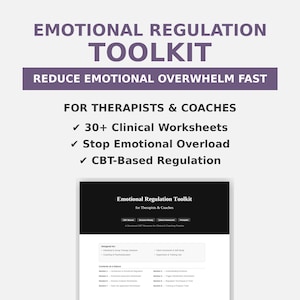 Pode incluir: Imagem promocional de um "Emotional Regulation Toolkit" para terapeutas e coaches. O texto destaca as características do kit de ferramentas, incluindo folhas de trabalho clínicas e regulação baseada em TCC.