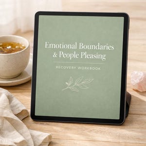 Puede incluir: Una tableta digital muestra el texto "Emotional Boundaries & People Pleasing" sobre un fondo verde. Una taza de té, un paño de lino y un cristal rosa están sobre una superficie de madera.