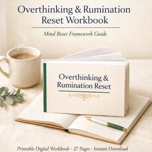May include: A workbook titled "Overthinking & Rumination Reset" with the subtitle "Mind Reset Framework Guide." The book is open, revealing pages, and rests on an open notebook. A pen and a mug of coffee are also present. The text "Printable Digital Workbook - 27 Pages - Instant Download" is at the bottom.