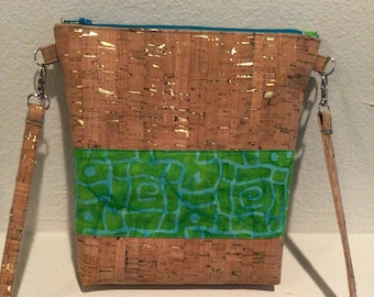 Cork Shoulder Bag, Cross Body Purse, Lime Green and Turquoise Batik