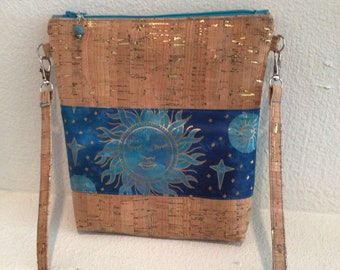 Cork Shoulder Bag, Cross Body Purse, Sun, Moon, Stars