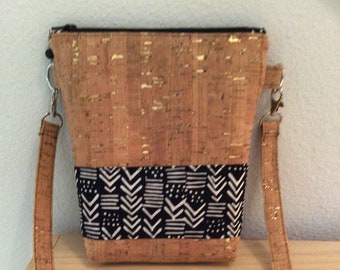 Cork Shoulder Bag, Cross Body Purse, Black and White Batik Accents