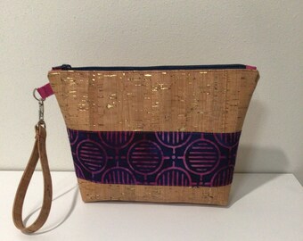 Cork Wristlet with Navy and Pink Batik Fabric Panel Across Front