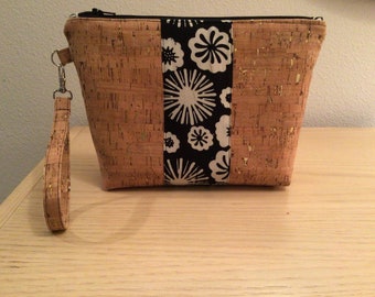 Cork Wristlet with Black and White Floral Batik Fabric Panel