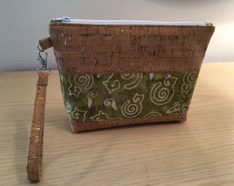 Cork Wristlet with Dusty Green Batik Fabric Panel Cats and Mice