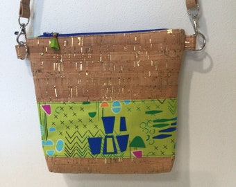 Cork Shoulder Bag, Cross Body Purse, Lime Green, Blue, Contemporary