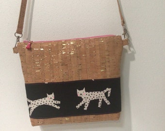 Cork Shoulder Bag, Cats, Cross Body Purse, Black and White