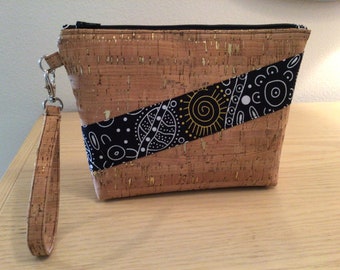 Cork Wristlet with Australian Print Black and White Fabric Panel Across Front