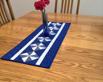 Quilted Blue and White Pinwheel Table Runner, Topper, 33.5" x 12"