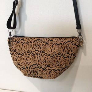 Cork Purse Shoulder Bag Black and Tan Rose Pattern