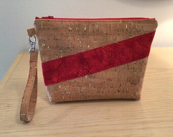 Cork Wristlet with Red Batik Fabric Panel Across Front
