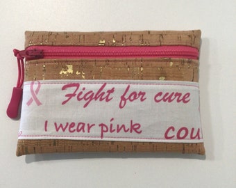 Cork Fabric, Wear Pink Breast Cancer, Zippered Coin Purse, Pouch, 5" x 3-1/2”