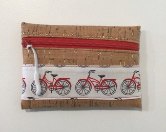 Cork Fabric, Bicycles, Zippered Coin Purse, Pouch, 5" x 3-1/2”